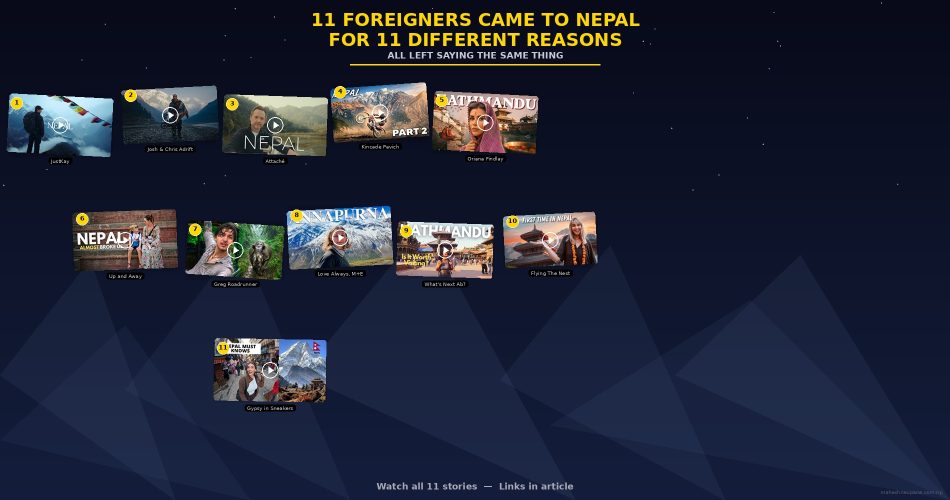 Collage of 11 YouTube video thumbnails showing foreign travelers in Nepal - JustKay, Josh & Chris Adrift, Attache, Kincade Pavich, Oriana Findlay, Up and Away, Greg Roadrunner, Love Always M+E, What's Next Ab, Flying The Nest, Gypsy in Sneakers